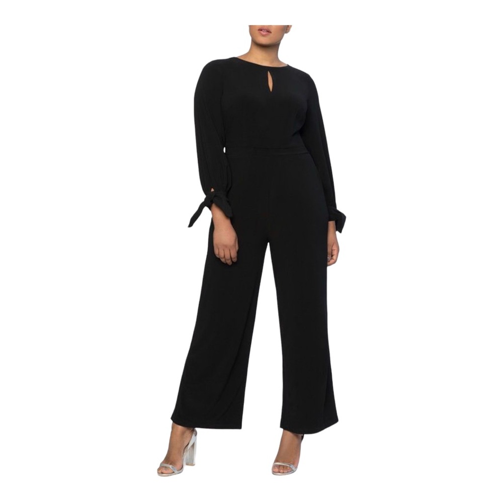 Eloquii Jersey Knit Tie Sleeve Office Career Desk to Dinner Party Black Jumpsuit